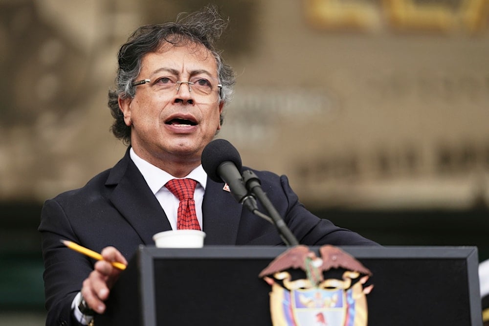 Colombia's President Gustavo Petro speaks during a military ceremony in Bogota, Colombia, Friday, June 6, 2025. (AP Photo/Ivan Valencia)