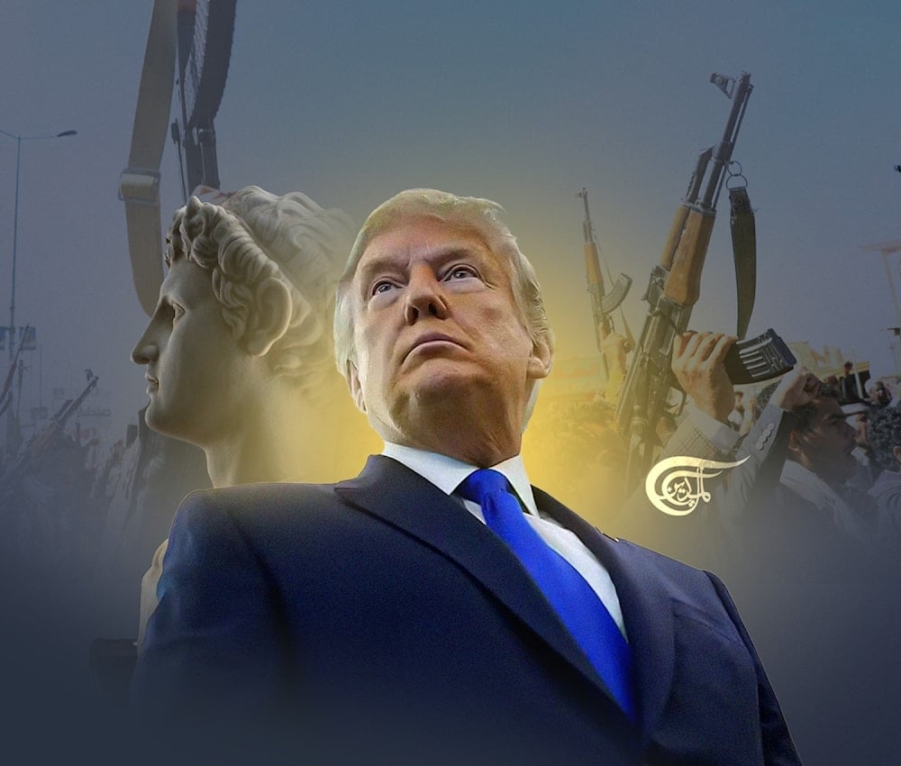 How can we not recall the modern example of malignant political narcissism in the person of Donald Trump? (Al Mayadeen English; Illustrated by Mahdi Rtail)
