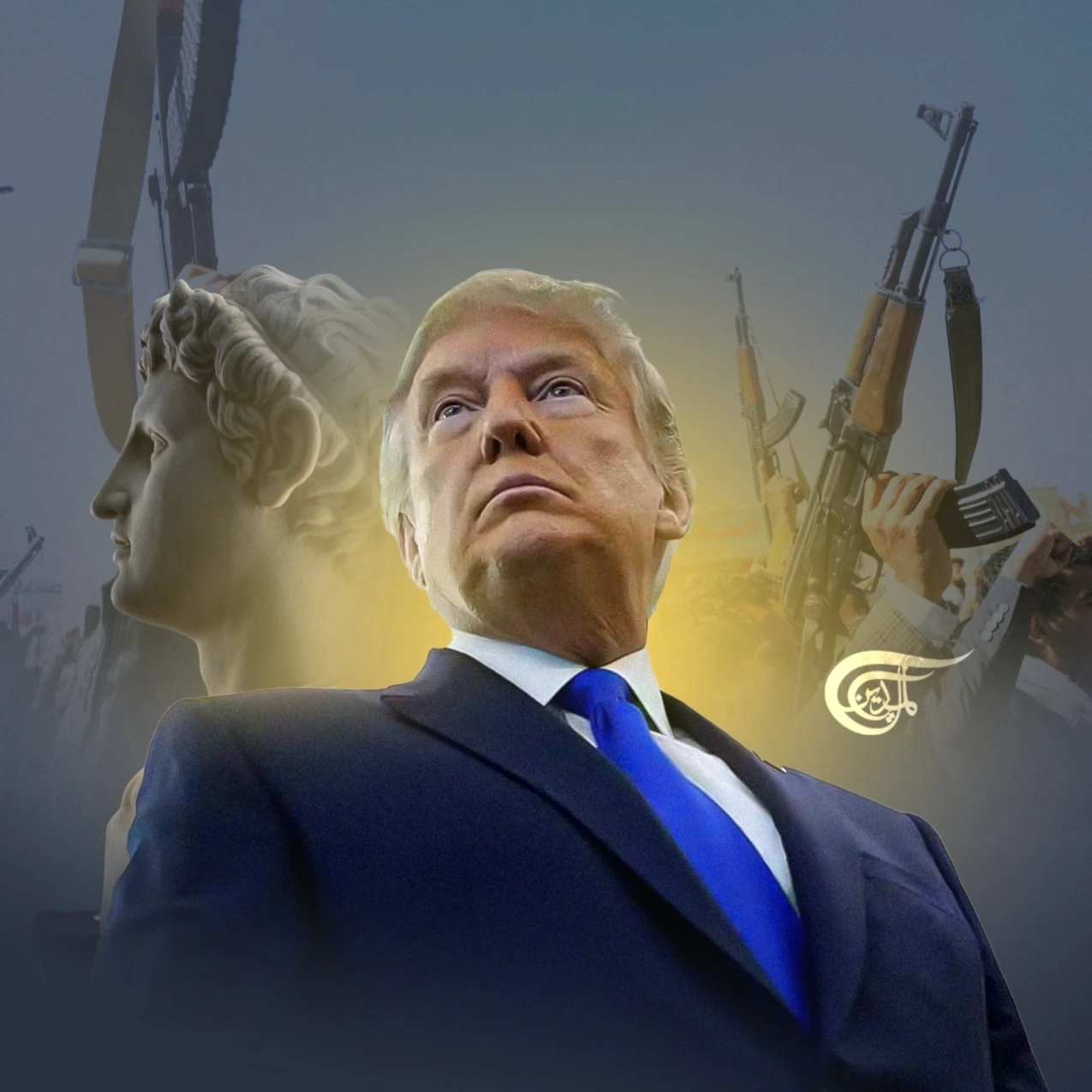 How can we not recall the modern example of malignant political narcissism in the person of Donald Trump? (Al Mayadeen English; Illustrated by Mahdi Rtail)