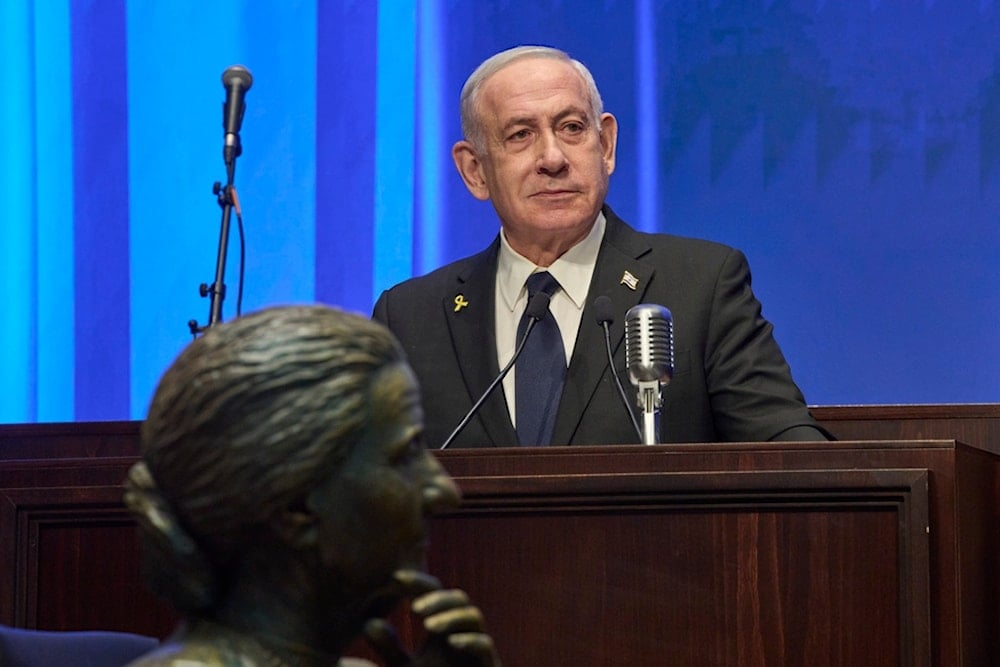 Israeli Prime Minister Benjamin Netanyahu speaks at the opening ceremony of the Knesset Museum in the old building of the Israeli parliament, in occupied al-Quds, Monday, August 11, 2025. (AP)  