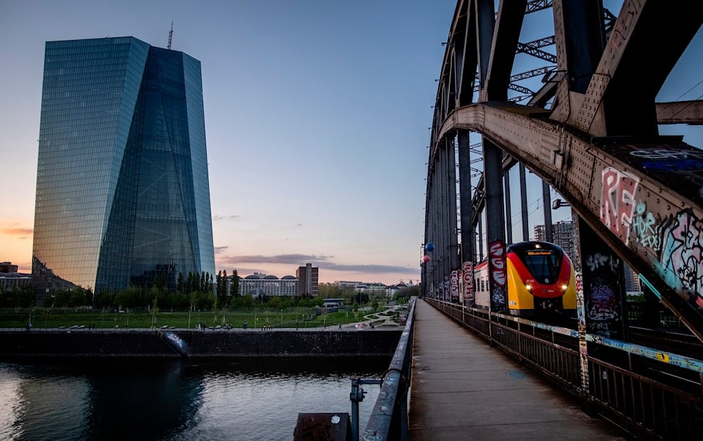 A tram drives past the European Central Bank building in Frankfurt, Germany, on May 2, 2023.
