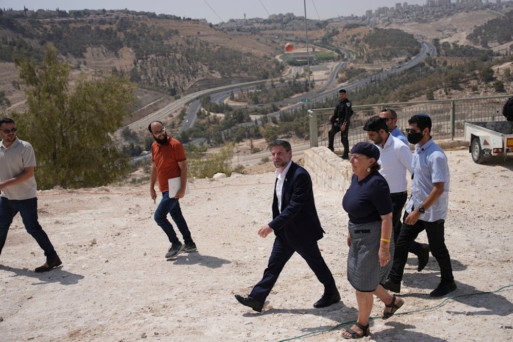 CORRECTS DAY Israeli Finance Minister Bezalel Smotrich arrives for a press conference about new settlement construction in the occupied West Bank east of occupied al-Quds, Thursday, August 14, 2025 (AP)