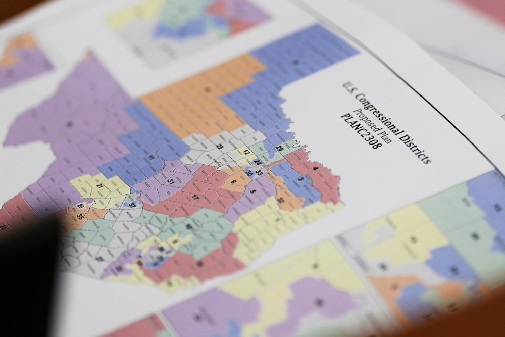 A map of US Congressional Districts proposed plan is seen at a Texas legislators' public hearing on congressional redistricting in Austin, Texas, Aug. 1, 2025. (AP Photo/Eric Gay, file)