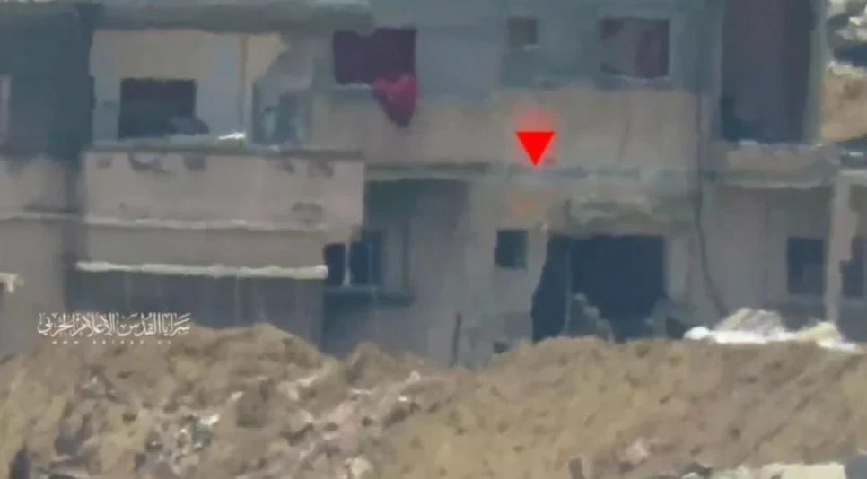 A screengrab from a video shared by the al-Quds Brigades Military Media wing showing the targeting of Israeli soldiers in Khan Younes, southern Gaza, August 2, 2025 (Al-Quds Brigades Military Media)