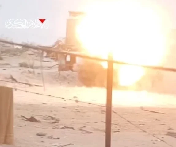 A screengrab from a video shared by the al-Qassam Brigades Military Media wing showing the targeting of Israeli soldiers in Khan Younis, southern Gaza, August 2, 2025 (Al-Qassam Brigades Military Media)