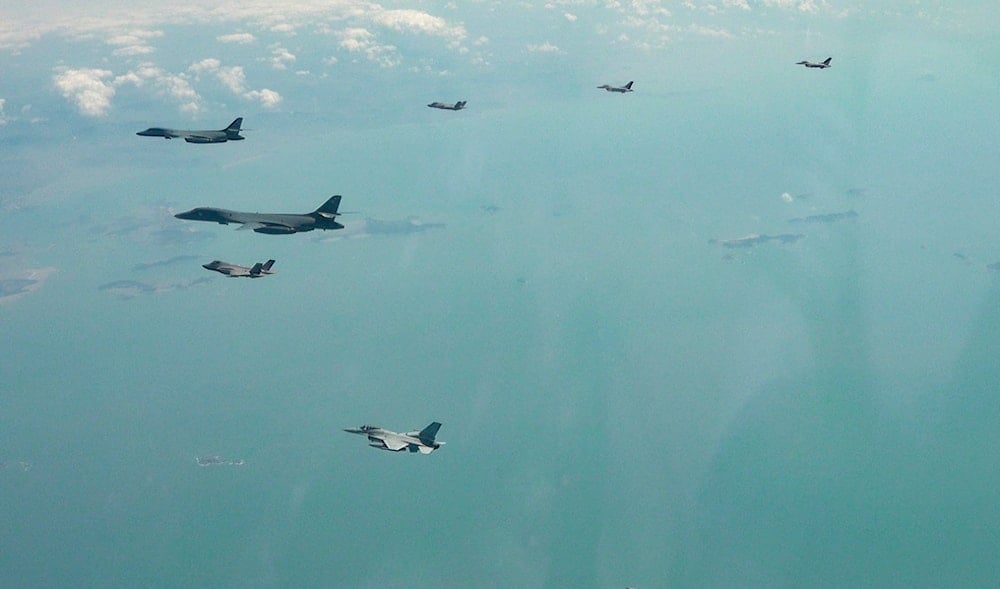 Two US Air Force B-1B bombers fly over the Korean Peninsula with South Korean Air Force F-35A fighter jets, F-16 fighter jets, and US Air Force F-16 fighter jets in South Korea during the joint aerial drills, April 15, 2025. (AP)