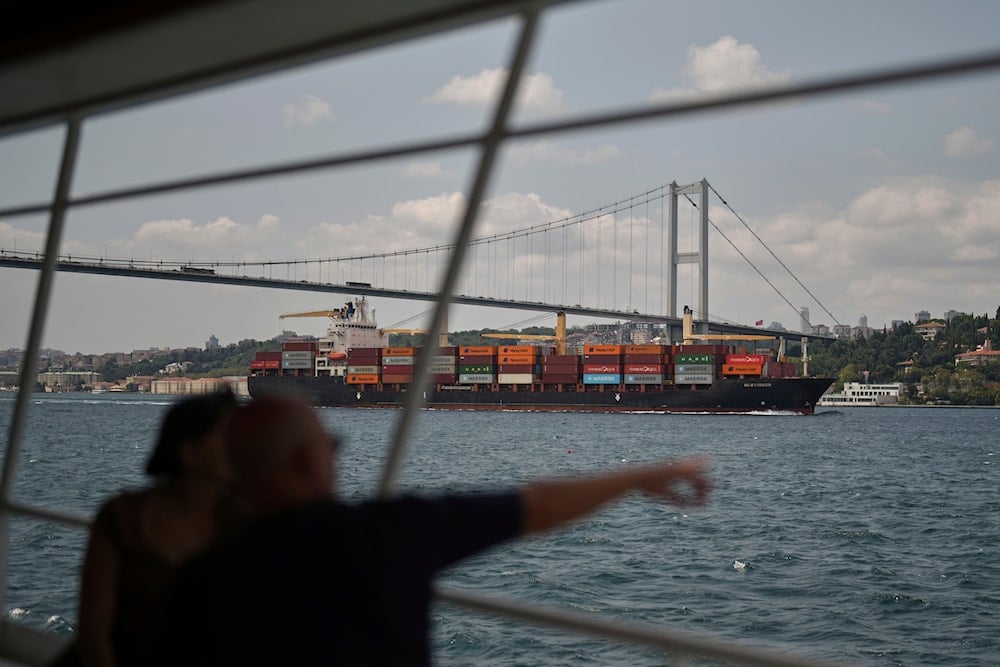 Container ship New Yorker crosses the Bosphorus strait, in Istanbul, Turkey, Tuesday, Aug. 5, 2025, on its way to Constanta port, Romania (AP)
