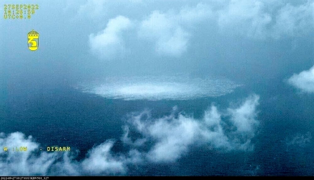 In this picture provided by Swedish Coast Guard, the gas leak in the Baltic Sea from Nord Stream photographed from the Coast Guard's aircraft on Wednesday, Sept. 27, 2022. (AP)