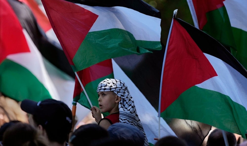 A young boy waves his flag among others as people gather in central Sydney for a rally Sunday, Oct. 15, 2023, to support Palestinians in Gaza. (AP)