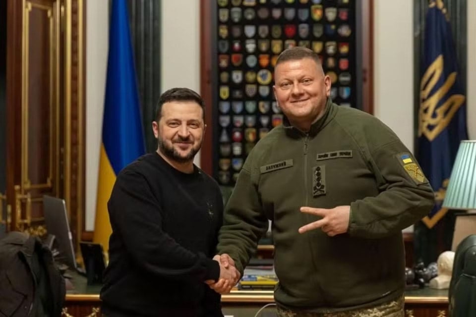 Ukrainian President Volodymyr Zelenskyy, shaking hand with then commander-in-chief of Ukraine's Armed Forces Valery Zaluzhny during their meeting in Kyiv, Ukraine, on February 8, 2024. (AP)