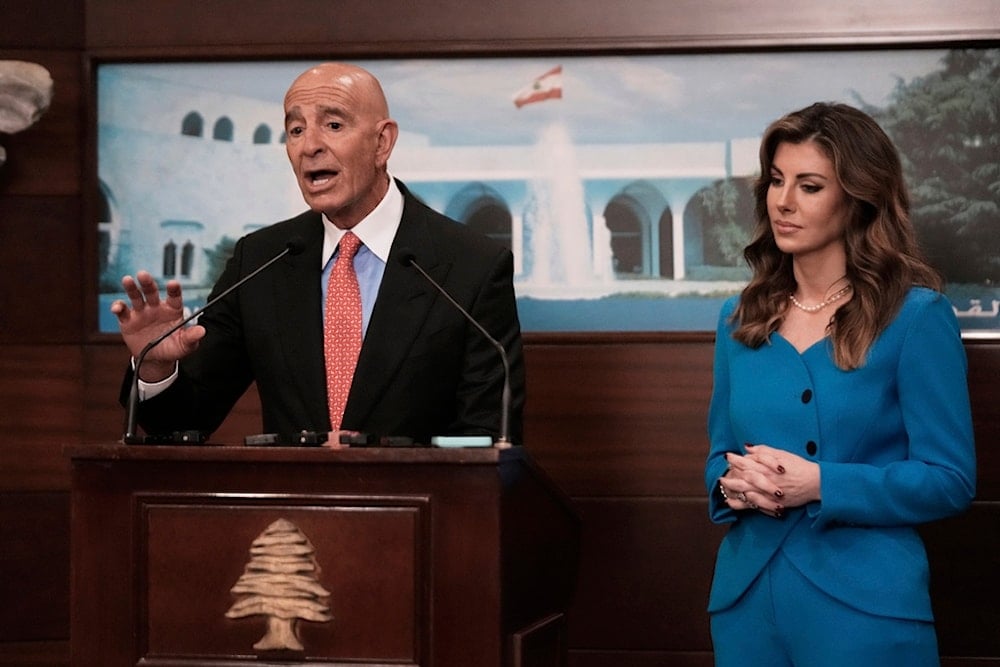 US Ambassador to Turkey and Special Envoy to Syria Tom Barrack speaks during a joint press conference with US deputy special envoy for Middle East peace Morgan Ortagus at the presidential palace in Baabda, Lebanon, Tuesday, August 26, 2025 (AP)