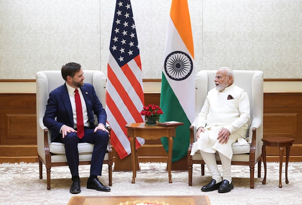 US Vice President JD Vance talks with Indian Prime Minister Narendra Modi during a meeting in New Delhi, India, Monday, April 21, 2025 (AP)