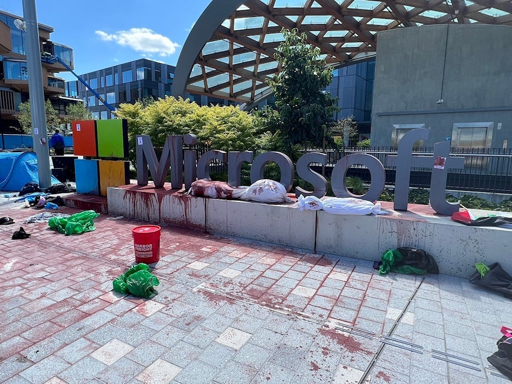 The Microsoft Sign at the Redmond headquarters sprayed in red during a protest against 'Israel' using the company's cloud services, Redmond, Washington DC, United States, August 21, 2025 (Social Media)