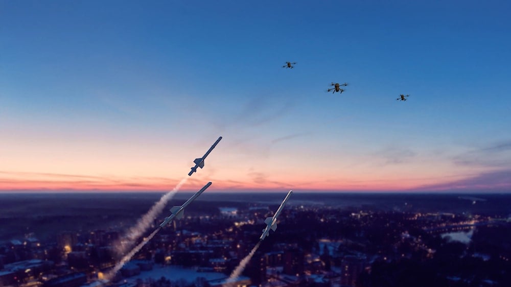 A 3D Presentation of the Saab Nimbrix missiles flying towards drones (Saab AB)