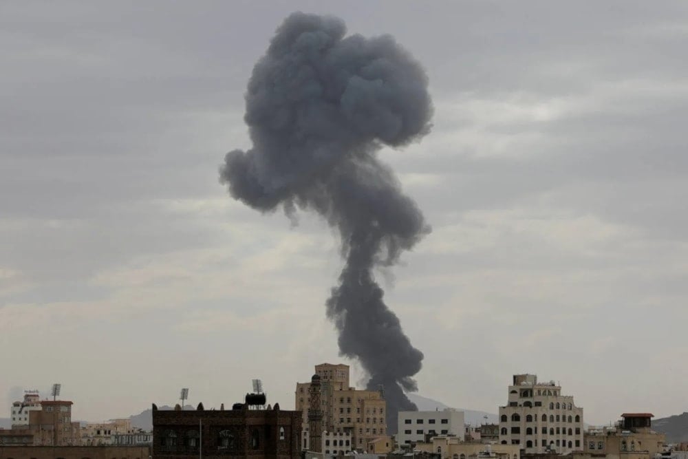Plume of smoke rise following an Israeli airstrike on the Yemeni capital of Sanaa, undated (Social media)