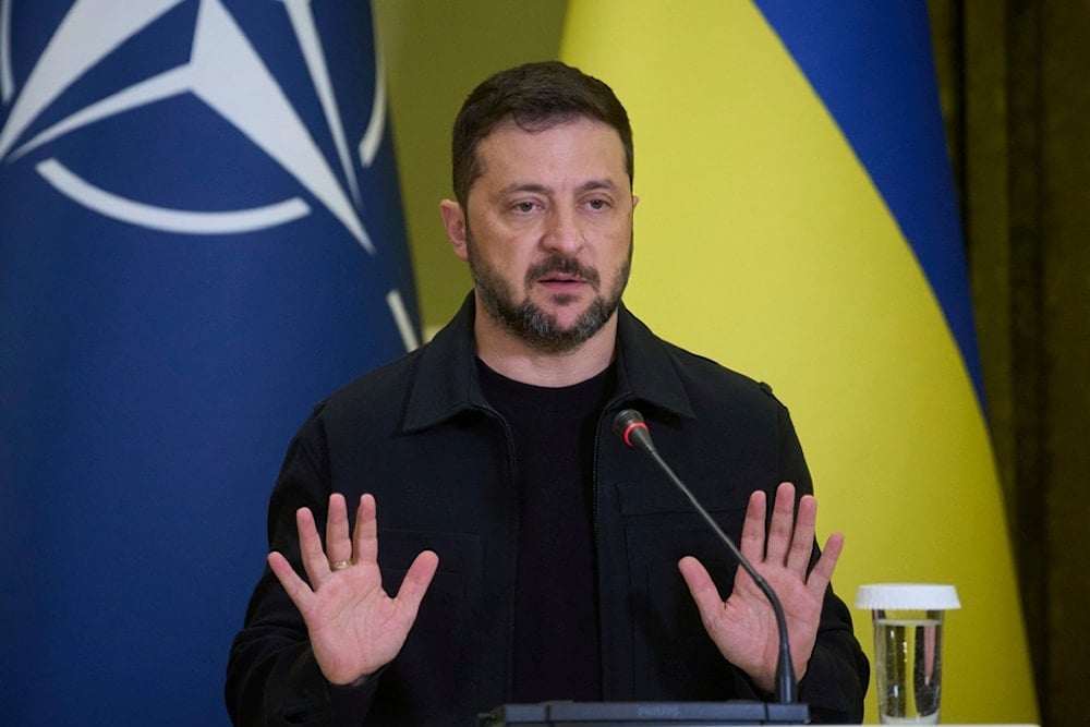 Ukrainian President Volodymyr Zelenskyy speaks during his briefing with NATO Secretary-General Mark Rutte in Kiev, Ukraine, Friday, Aug. 22, 2025. (AP Photo/Efrem Lukatsky)