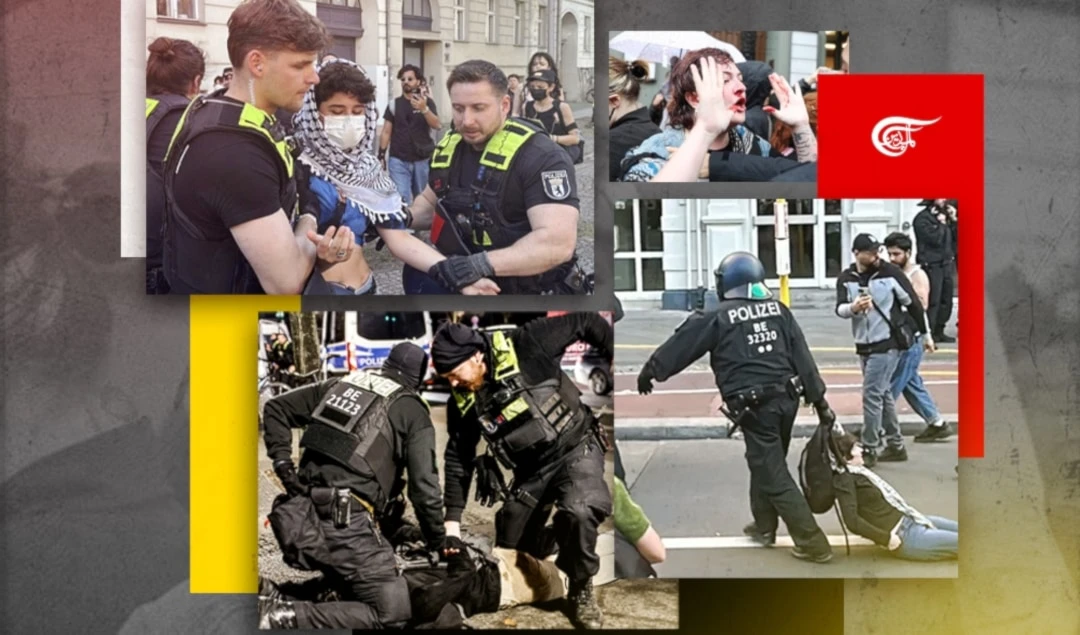 Germany is no functioning democracy anymore: Fanatic adherence to "Israel" has seen Germany swiftly regress toward its authoritarian ways of yore. (Al Mayadeen English; Illustrated by Zeinab el-Hajj)