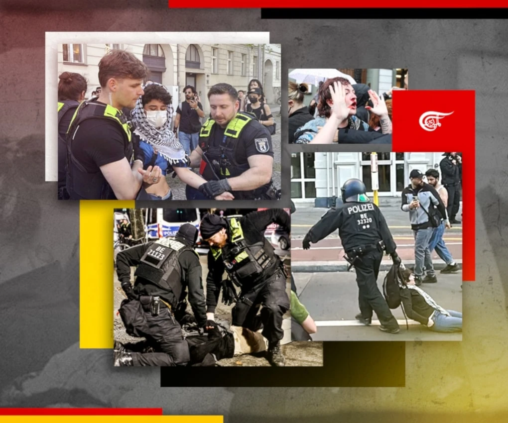 Germany is no functioning democracy anymore: Fanatic adherence to "Israel" has seen Germany swiftly regress toward its authoritarian ways of yore. (Al Mayadeen English; Illustrated by Zeinab el-Hajj)