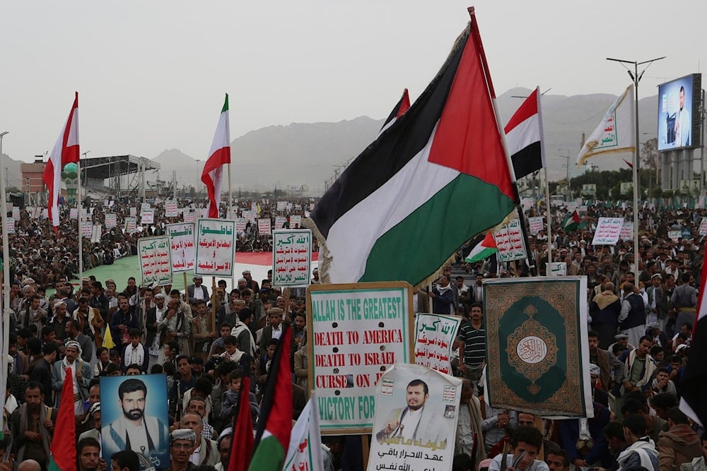 Ansar Allah supporters shout slogans during an anti-US and anti-'Israel' weekly rally in Sanaa, Yemen, Friday, July 4, 2025 (AP)