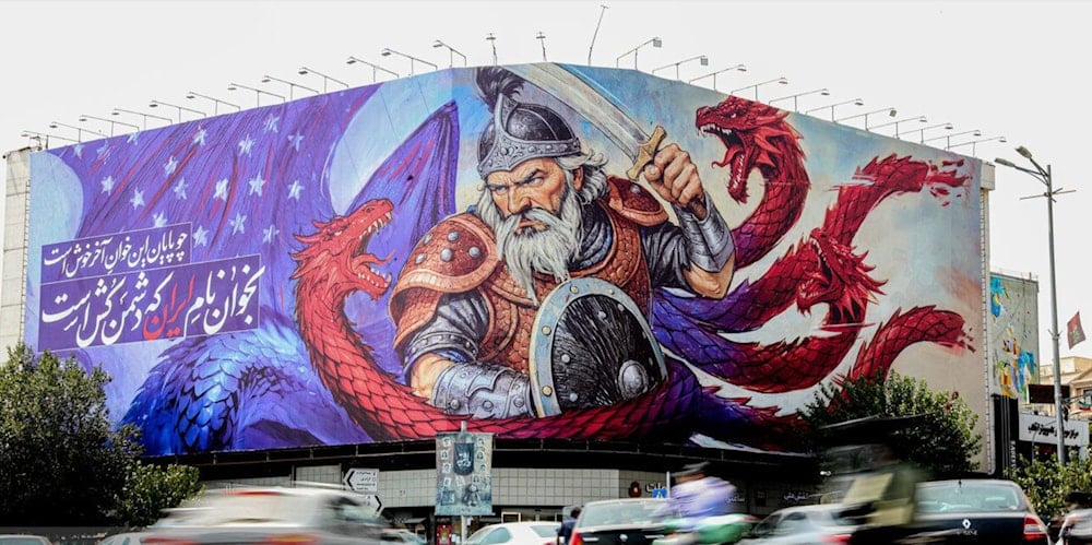 A new mural has been unveiled at Tehran’s Enqelab (Revolution) Square, depicting the battle of Rostam against the American dragon. (Mehr news agency)