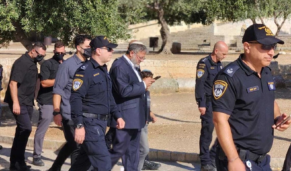 Israeli police minister Itamar Ben-Gvir breaks into the al-Aqsa mosque complex under Israeli security portection, al-Quds, Occupied Palestine, August 3, 2025 (social media)