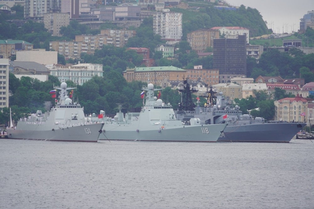 The Chinese and Russian naval vessel formation participating in the Joint Sea-2025 exercises set sail on Sunday morning for the waters near Vladivostok, Russia. (X, @ChinaDaily)