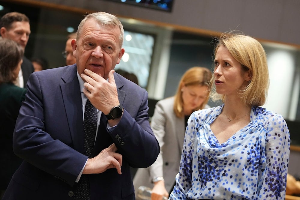 European Union foreign policy chief Kaja Kallas, right, speaks with Denmark's Foreign Minister Lars Lokke Rasmussen during a round table meeting of EU foreign ministers at the European Council building in Brussels, Monday, March 17, 2025 (AP)