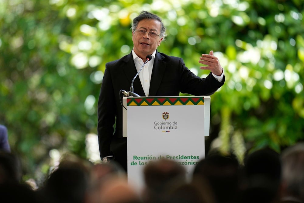 Colombia's President Gustavo Petro speaks during a meeting of leaders of the Amazon Cooperation Treaty Organization in Bogota, Colombia, on August 22, 2025. (AP Photo/Fernando Vergara)