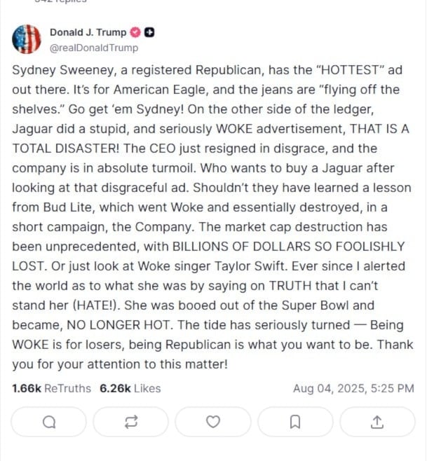 Screengrab of Trump's post on Truth Social, dated August 4th, 2025 