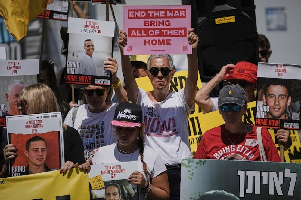 Relatives and supporters of Israeli captives held in Gaza attend a protest demanding their release and calling for an end to the war, outside the Prime Minister's office in al-Quds, Occupied Palestine,Thursday, July 31, 2025 (AP)