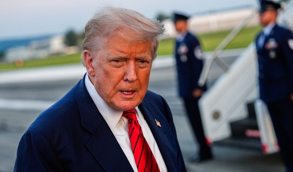 President Donald Trump speaks with reporters before boarding Air Force One at Lehigh Valley International Airport, Sunday, Aug. 3, 2025, in Allentown, Pa. (AP)