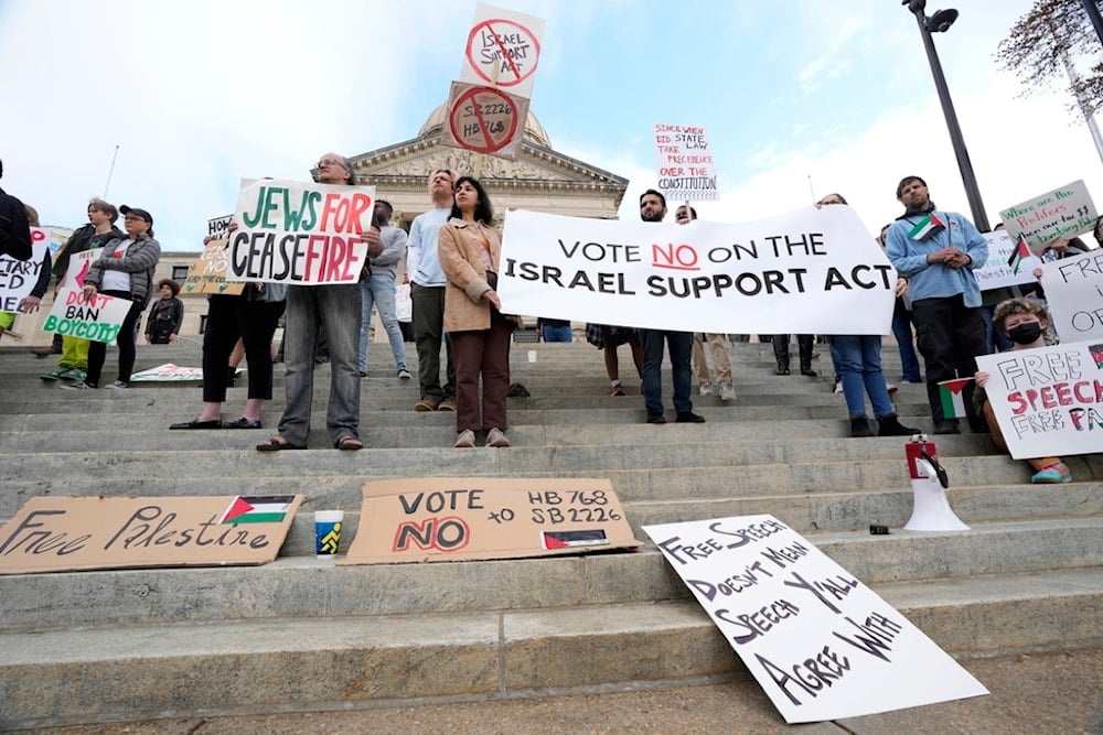 Protesters gather on the steps of the Mississippi State Capitol in Jackson, and call on members of the Mississippi State Legislature to vote no on the renewal and expansion of Mississippi's Israel Support Act of 2019, Wednesday, March 13, 2024 (AP)