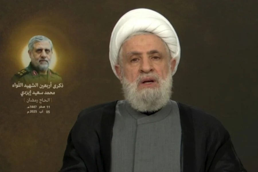 Shiekh Naim Qassem giving a speech commemorating the anniversay of martyr Mohammed Saeed Izadi, August 5, 2025, in Lebanon
