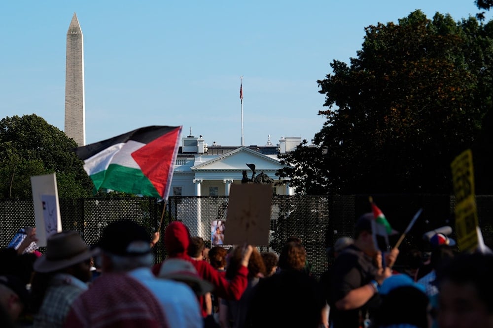 The White House is seen as demonstrators protest Israeli Prime Minister Benjamin Netanyahu's visit to Washington, on July 7, 2025. (AP Photo/Julia Demaree Nikhinson)