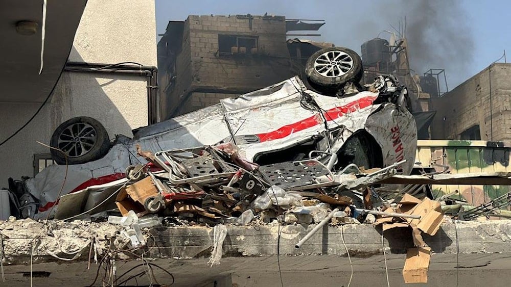 A damaged ambulance outside Kamal Adwan hospital in northern Gaza in October 2024 (AFP)
