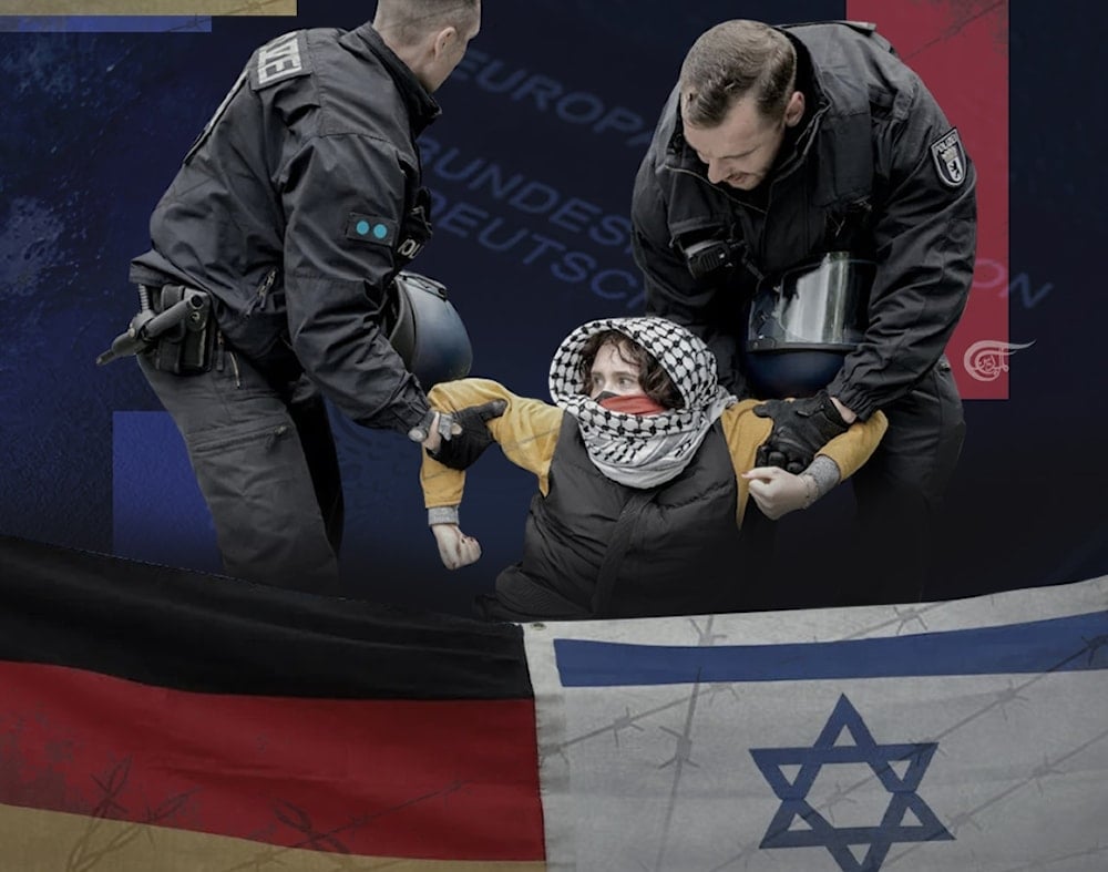 Following October 7, 2023, the wolf in sheep’s clothing that is Germany immediately began cracking down on Palestine advocacy in an hitherto unprecedented manner. (Al Mayadeen English; Illustrated by Zeinab el-Hajj)