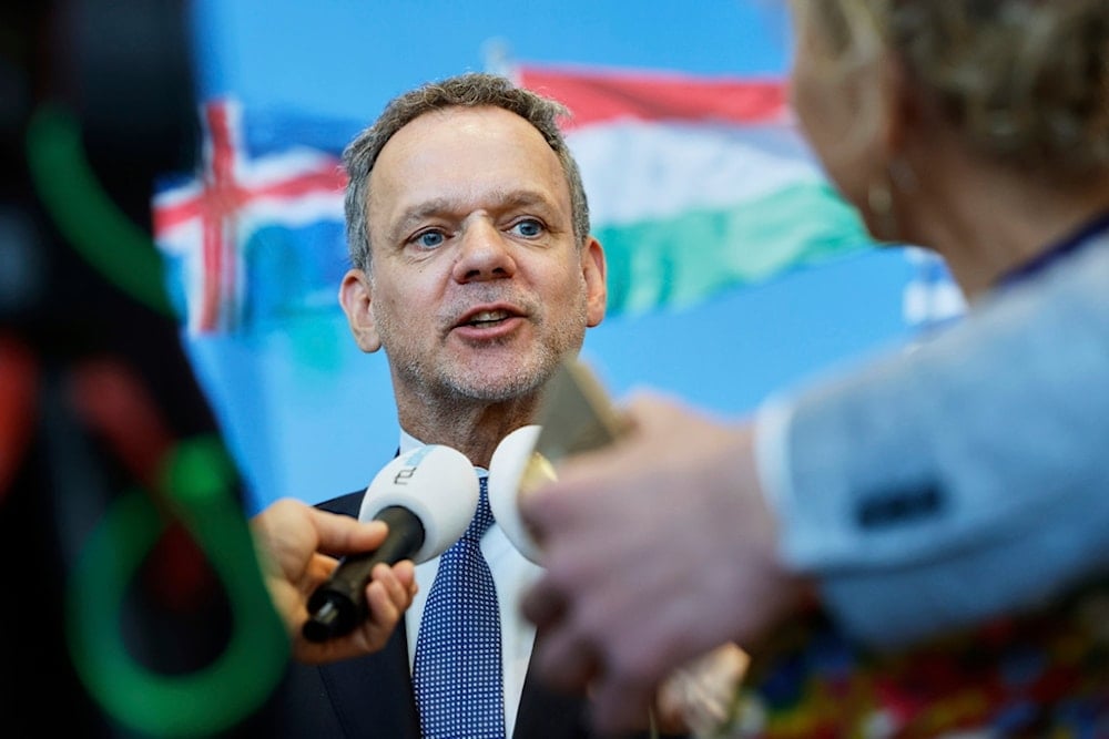 Netherland's Foreign Minister Caspar Veldkamp speaks with the media after a meeting NATO foreign ministers at NATO headquarters in Brussels, Friday, April 4, 2025. (AP Photo/Geert Vanden Wijngaert)