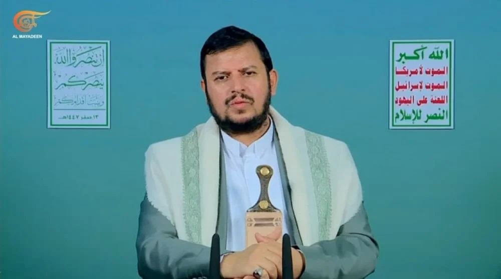 Ansar Allah leader Sayyed Abdul-Malik Al-Houthi during a speech in Sanaa, Yemen, August 7, 2025 (Al Mayadeen screengrab)\