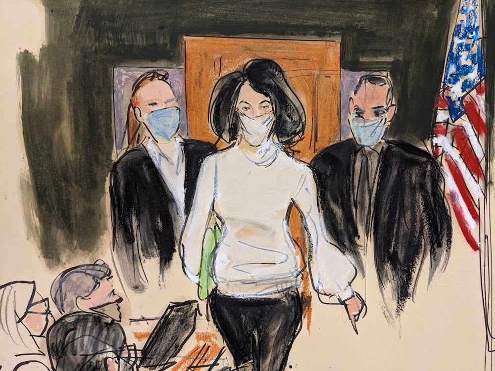 In this courtroom sketch, Ghislaine Maxwell enters the courtroom escorted by U.S. Marshalls at the start of her trial, on November 29, 2021, in New York