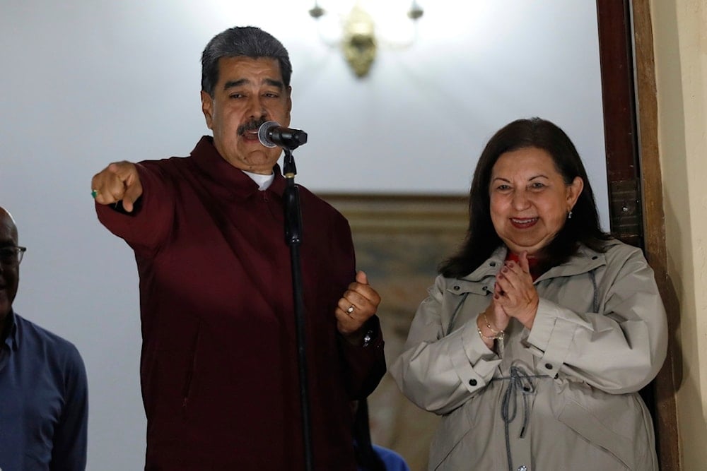 Venezuela's President Nicolas Maduro speaks to supporters next to Caracas mayor-elect Admiral Carmen Melendez after municipal elections in Caracas, Venezuela, Monday, July 28, 2025 (AP)