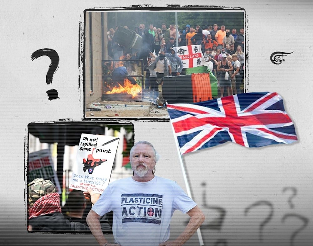 There are those on the radical right-wing of British politics who believe that those peacefully protesting the forced starvation of children should be dealt with as forcefully as troublemakers. (Al Mayadeen English; Illustrated by Batoul Chamas)