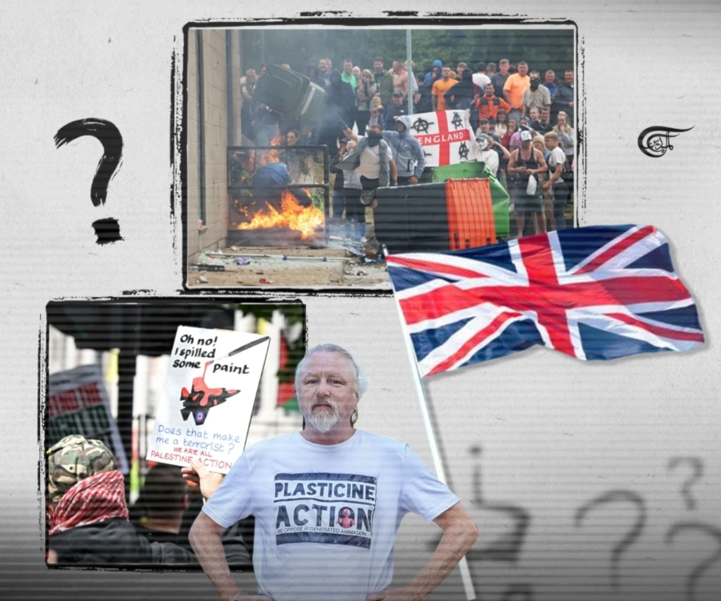 There are those on the radical right-wing of British politics who believe that those peacefully protesting the forced starvation of children should be dealt with as forcefully as troublemakers. (Al Mayadeen English; Illustrated by Batoul Chamas)