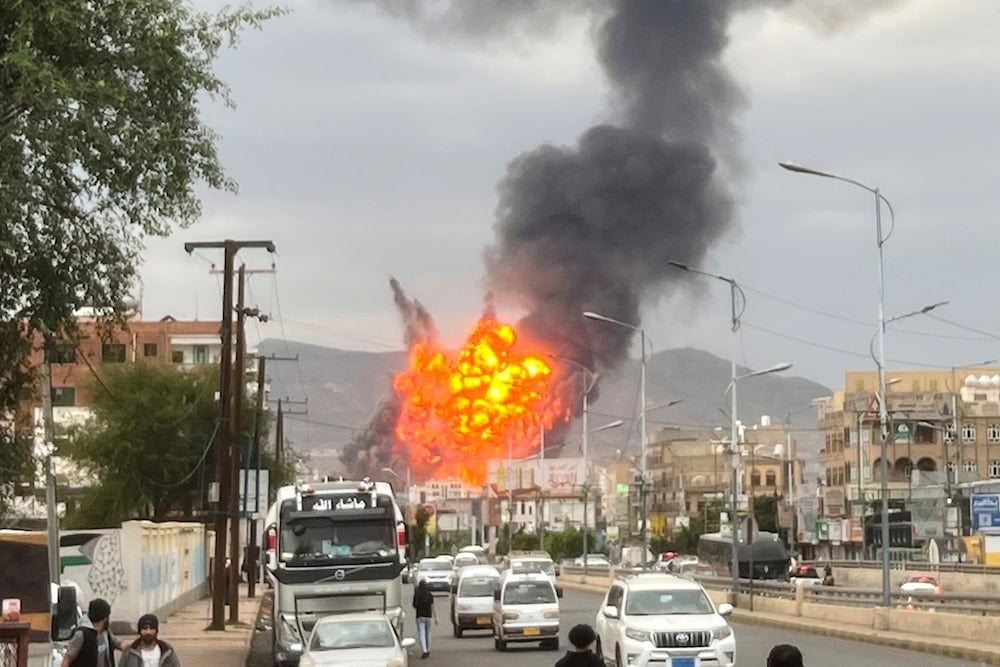 Flames and smoke rise following Israeli airstrikes in Sanaa, Yemen, Wednesday, Sept. 10, 2025 (AP)