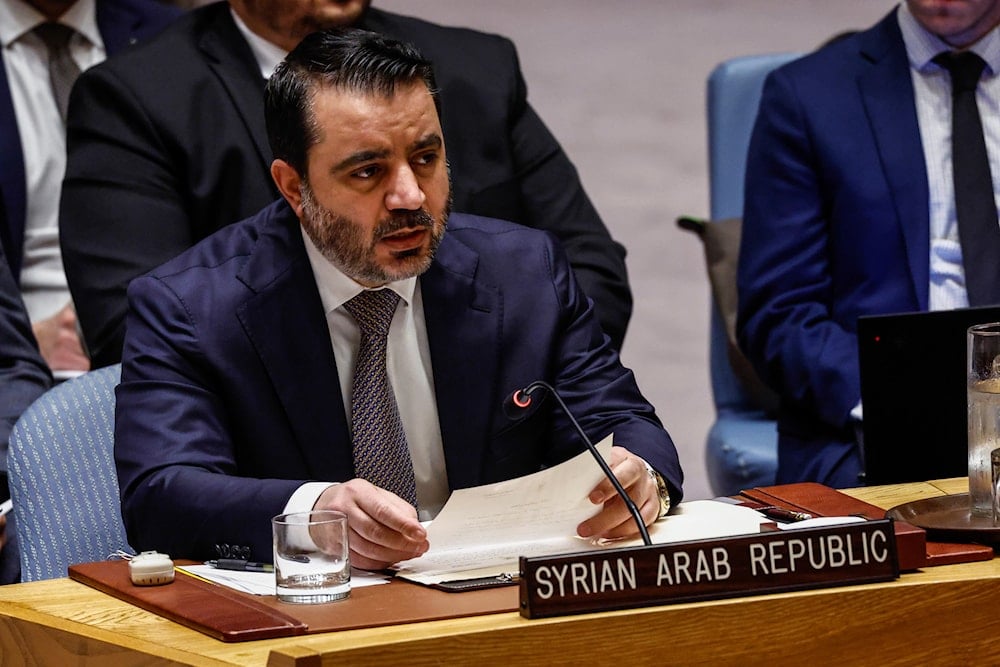 Syria's Foreign Minister Asaad Al-Shibani speaks at a Security Council meeting at United Nations Headquarters on Friday, April 25, 2025 (AP)