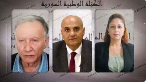 Haytham Manna, left, Tariq al-Ahmad, middle, Francis Tannous, right, in an interview with Al Mayadeen after the launch of the Syrian National Bloc, September, 10, 2025 (social media)