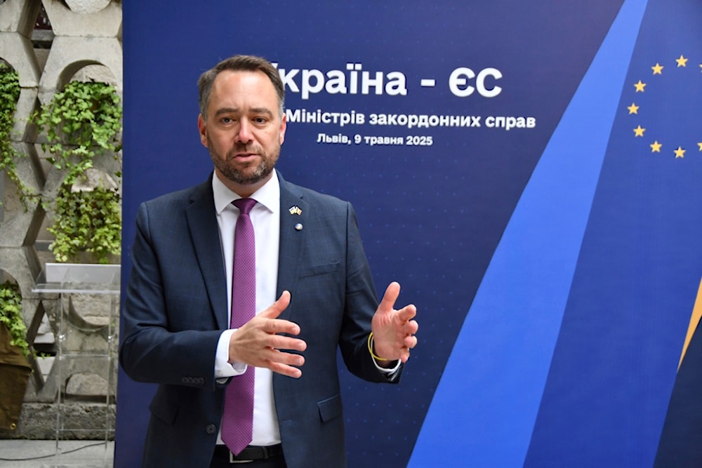 Belgium's Minister of Foreign Affairs Maxime Prevot speaks to journalists during UA-EU foreign Minister's meeting in Lviv, Ukraine, on Friday, May 9, 2025. (AP Photo/Mykola Tys)