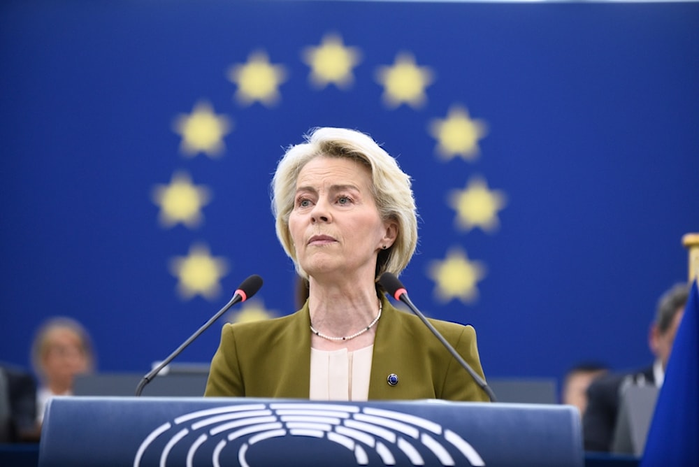 European Commission President Ursula von der Leyen gestures as she delivers a major state of the union speech at the European Parliament in Strasbourg, eastern France, Wednesday, September 10, 2025. (AP Photo/Pascal Bastien)