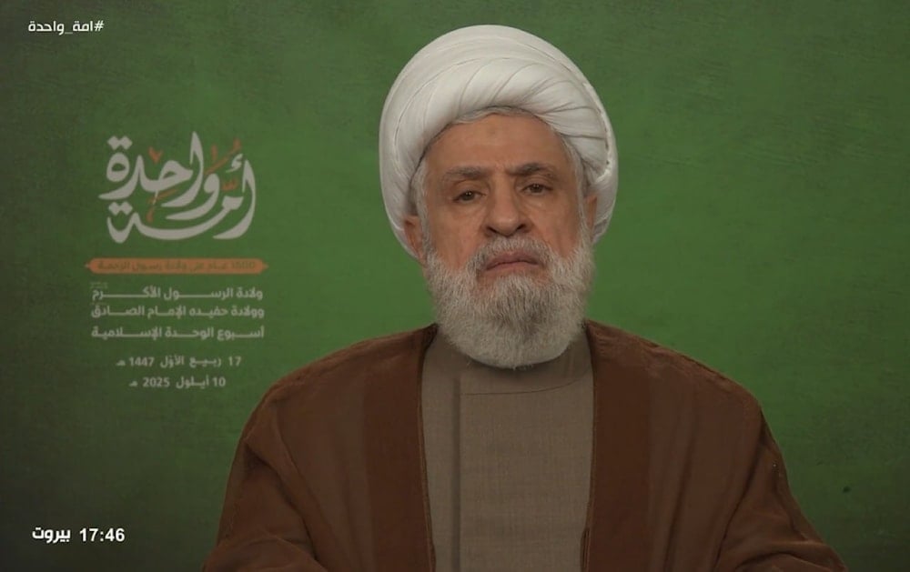 Sheikh Naim Qassem giving a speech to commemorate the birth anniversary of Prophet Mohammad, on Wednesday, September 11, 2025. (Social media)