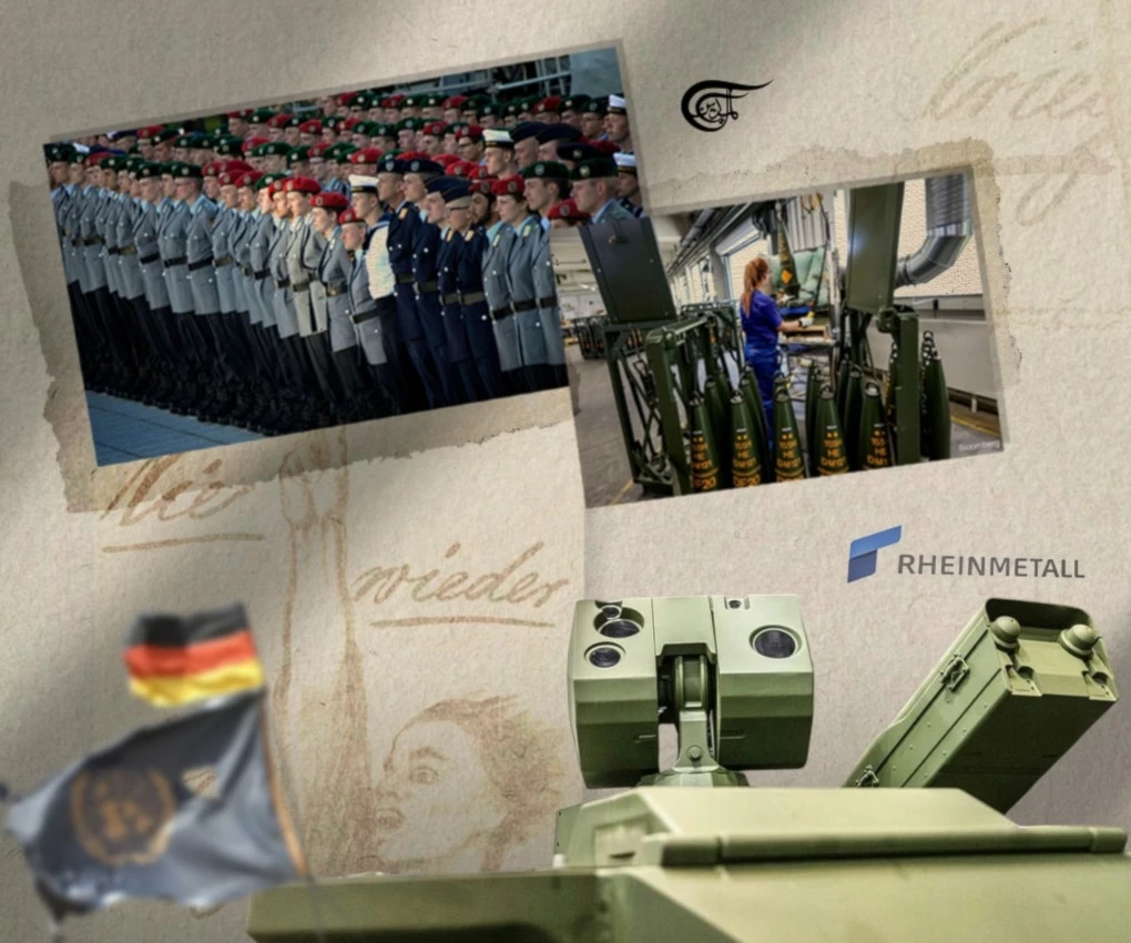 May saner minds and purer hearts than those within Germany’s villainous military industrial complex prevail and stop this menace to regional and world peace that is unfettered German militarism. (Al Mayadeen English; Illustrated by Batoul Chamas)