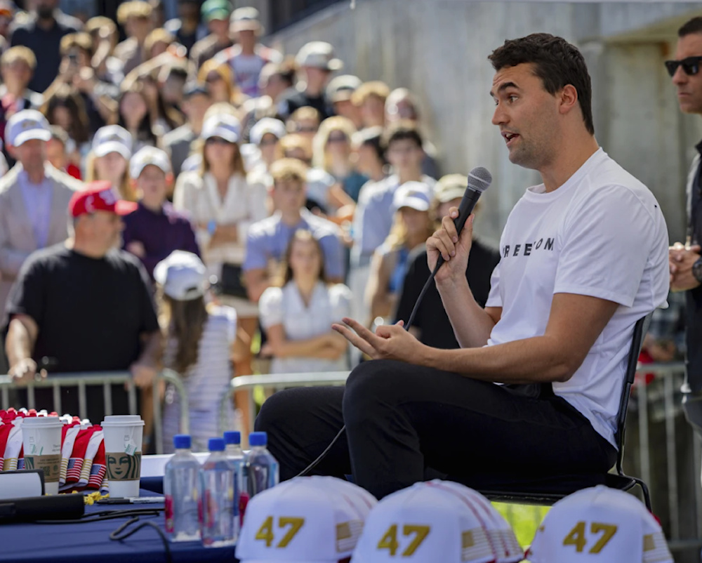  Charlie Kirk speaks before he is shot during Turning Point's visit to Utah Valley University on September 10, 2025. (AP)